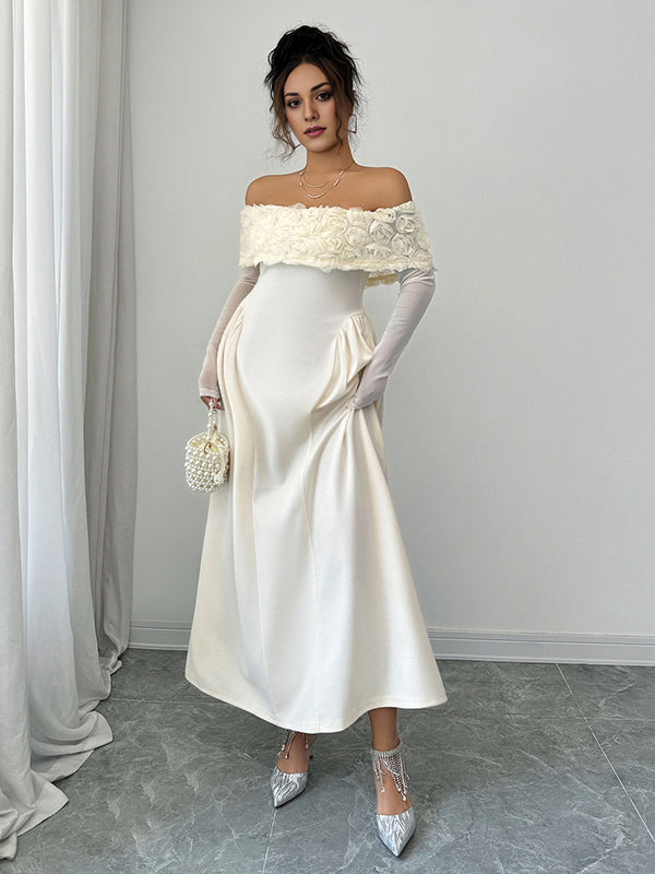 Mumsmode Zwangerschaps Maxi Cocktailjurk Chique Elegant Off Shoulder 3D Bloemen Trapeze