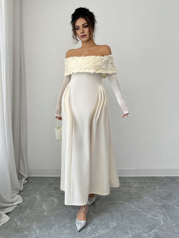 Mumsmode Zwangerschaps Maxi Cocktailjurk Chique Elegant Off Shoulder 3D Bloemen Trapeze