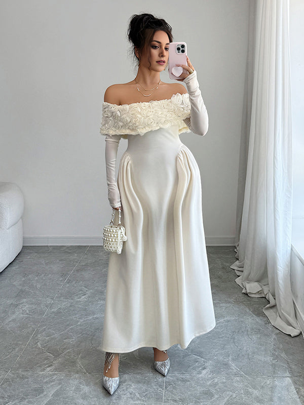 Mumsmode Zwangerschaps Maxi Cocktailjurk Chique Elegant Off Shoulder 3D Bloemen Trapeze