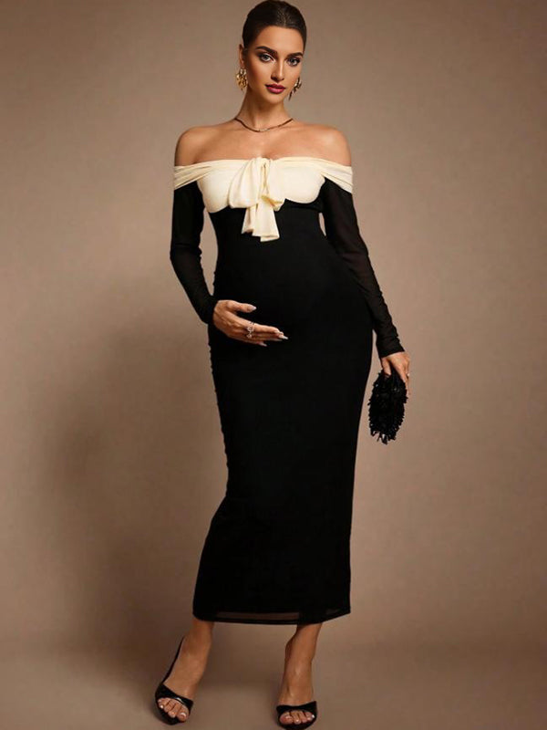 Mumsmode Zwangerschaps Maxi Bodycon Jurk Chique Cocktail Patchwork Vlinderdas Off Shoulder Kleurblok