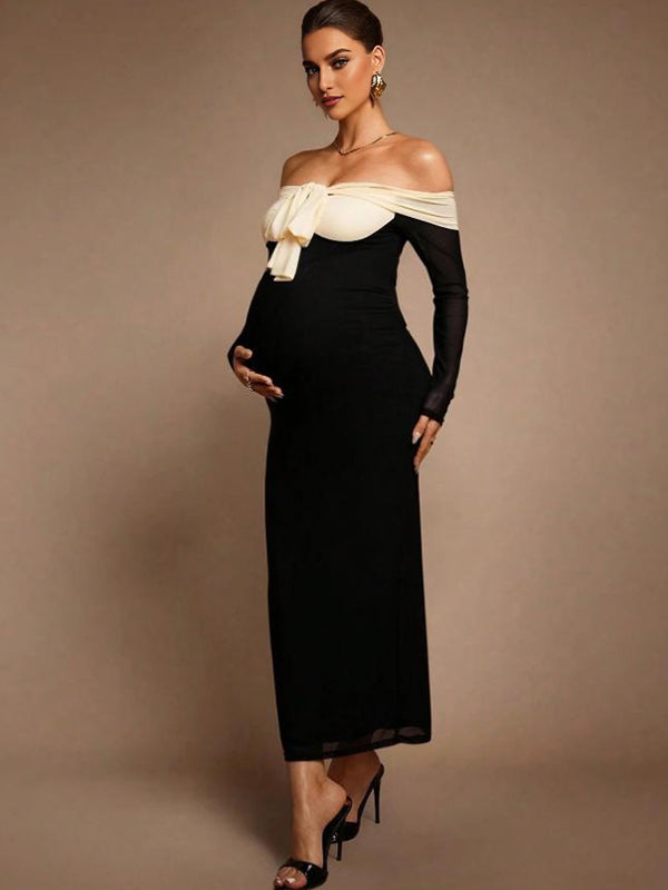 Mumsmode Zwangerschaps Maxi Bodycon Jurk Chique Cocktail Patchwork Vlinderdas Off Shoulder Kleurblok