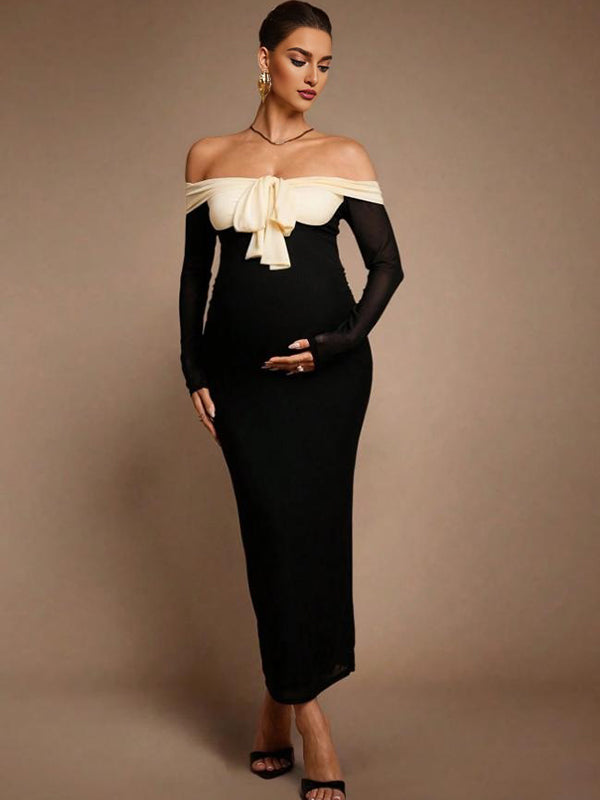 Mumsmode Zwangerschaps Maxi Bodycon Jurk Chique Cocktail Patchwork Vlinderdas Off Shoulder Kleurblok