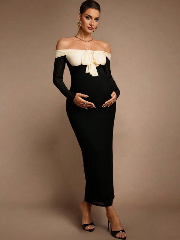 Mumsmode Zwangerschaps Maxi Bodycon Jurk Chique Cocktail Patchwork Vlinderdas Off Shoulder Kleurblok