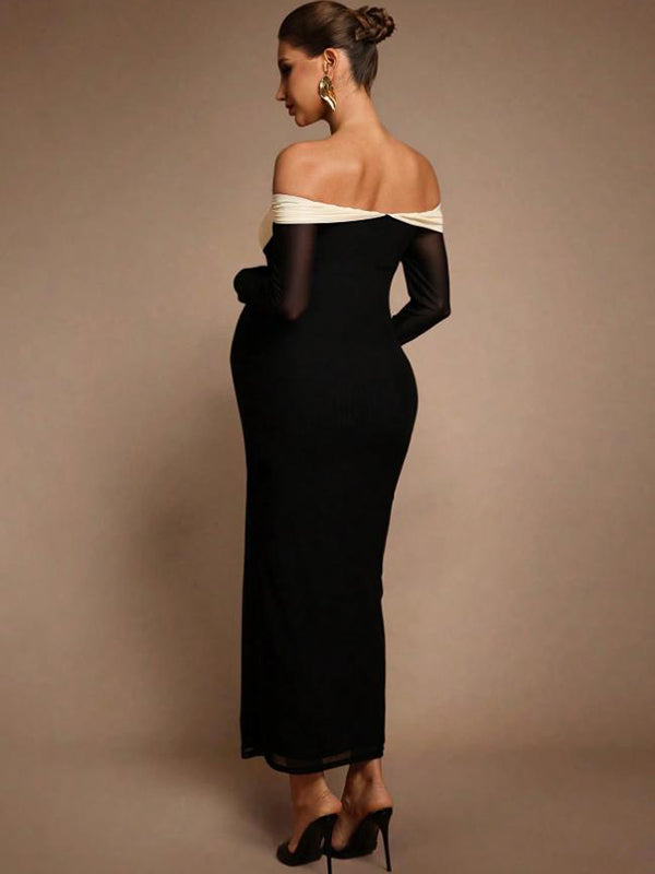 Mumsmode Zwangerschaps Maxi Bodycon Jurk Chique Cocktail Patchwork Vlinderdas Off Shoulder Kleurblok