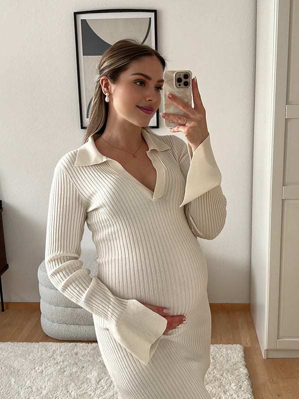 Mumsmode Zwangerschaps Maxi Bodycon Jurk Elegant Werk Gekreukt Gespleten Mouwen