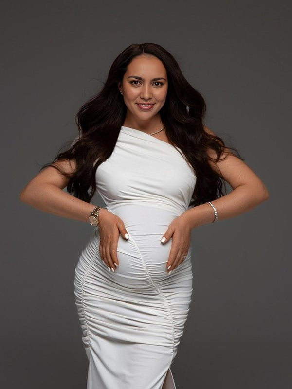 Mumsmode Zwangerchaps Midi Fotoshoot Jurken Elegant Gekreukt Zijsplit Onregelmatige Kraag Wit