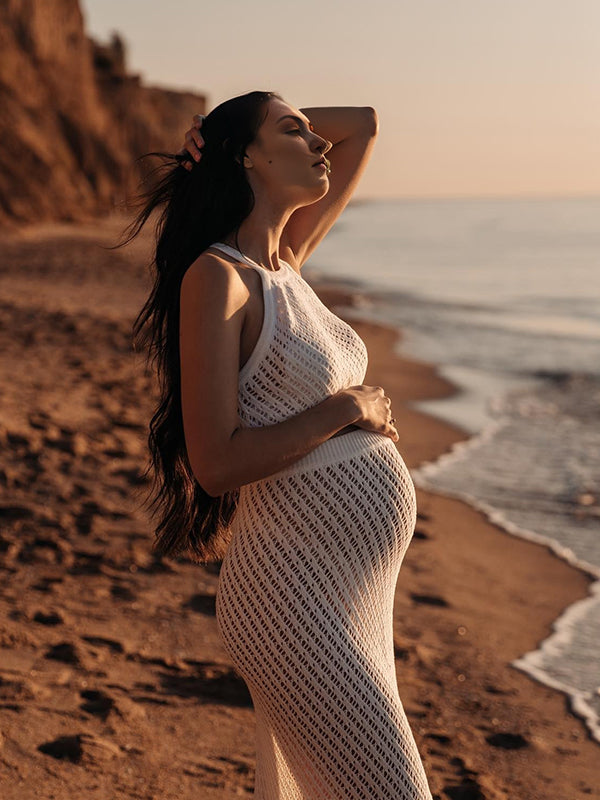 Mumsmode Zwangerchaps Midi Strand Jurken Elegant Breien Koord Zijsplit 2-in-1 Ronde Hals Wit