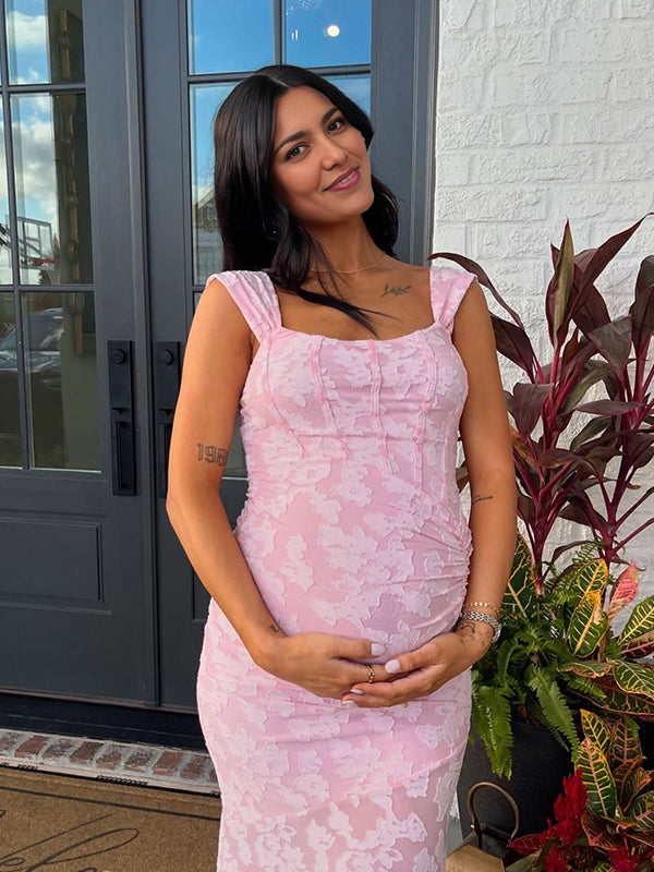 Mumsmode Zwangerchaps Midi BabyShower Jurken Elegant Bloemenprint Gekreukt Zeemeermin Vierkante Hals Roze