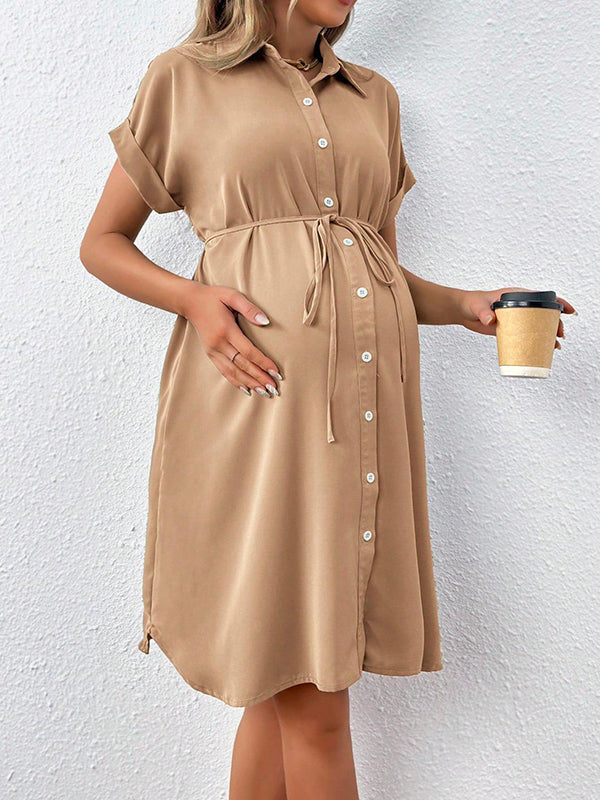 Mumsmode Zwangerchaps Midi Basic Jurk Werk Enkele Borst Koord Omgeslagen Kraag 3/4 Mouwen