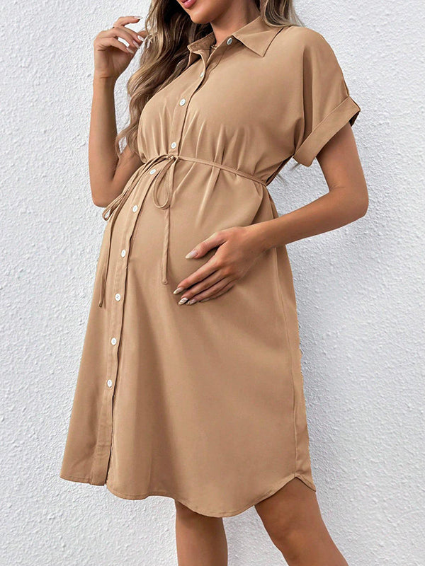 Mumsmode Zwangerchaps Midi Basic Jurk Werk Enkele Borst Koord Omgeslagen Kraag 3/4 Mouwen