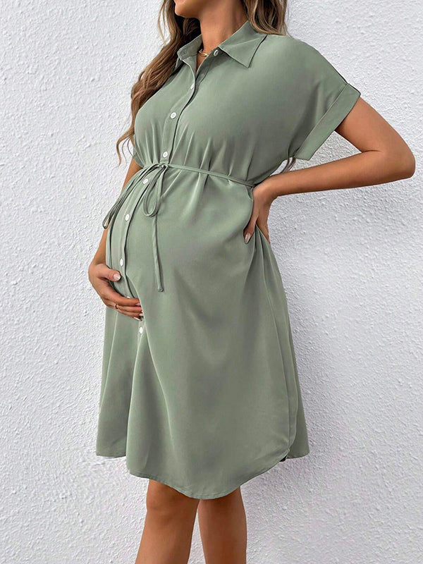 Mumsmode Zwangerchaps Midi Basic Jurk Werk Enkele Borst Koord Omgeslagen Kraag 3/4 Mouwen