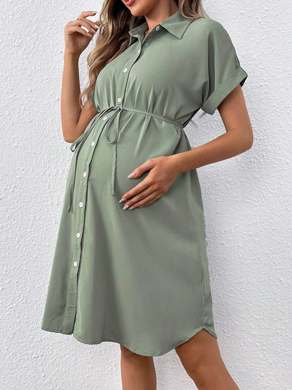 Mumsmode Zwangerchaps Midi Basic Jurk Werk Enkele Borst Koord Omgeslagen Kraag 3/4 Mouwen