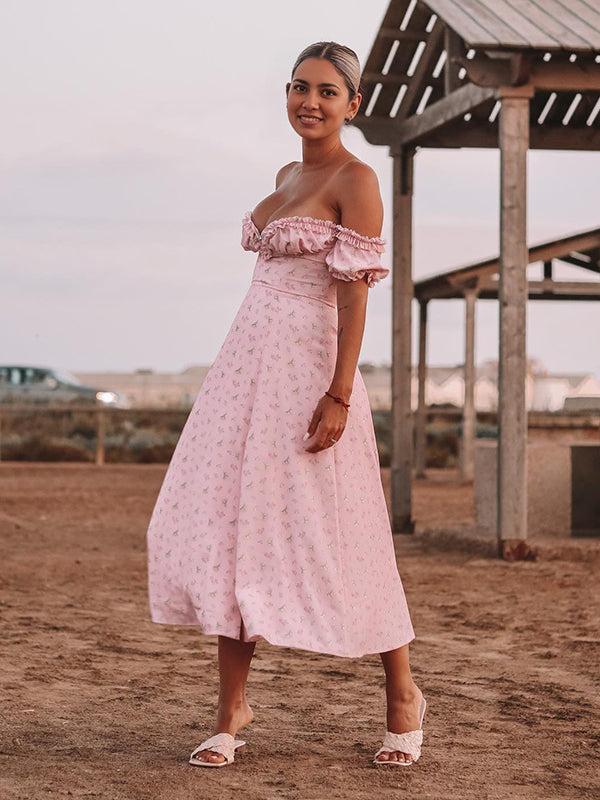 Mumsmode Zwangerchaps Midi Fotoshoot Jurk Schattig Bloemenprint Zijsplit Roze