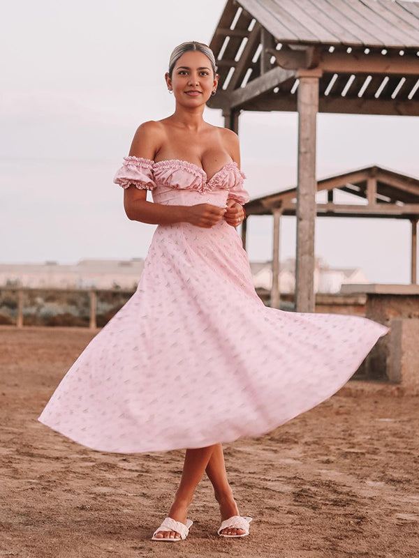 Mumsmode Zwangerchaps Midi Fotoshoot Jurk Schattig Bloemenprint Zijsplit Roze