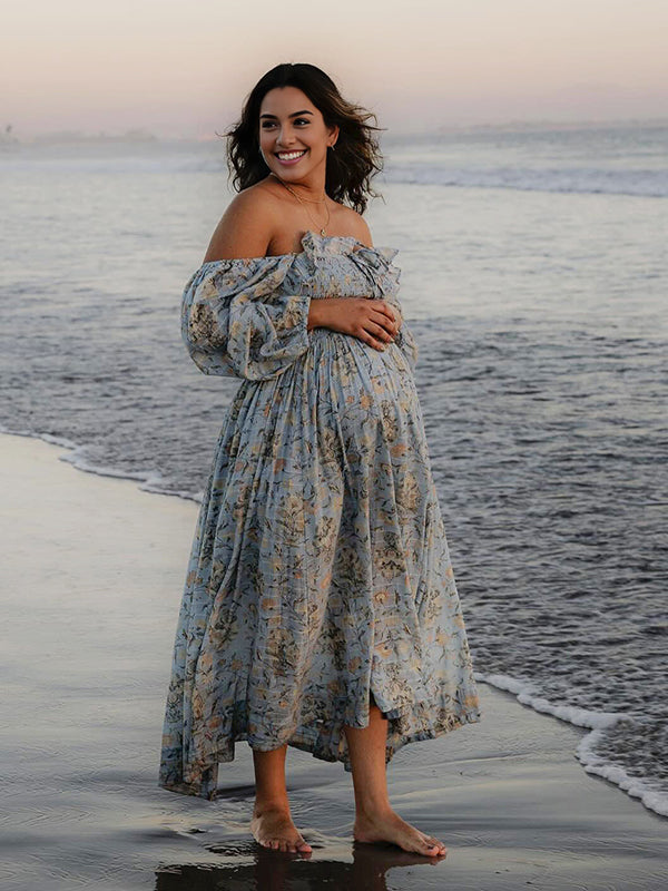 Mumsmode Zwangerchaps Midi Photoshoot Jurk Elegant Bloemenprint Ruches Driekwart Mouw Blauw