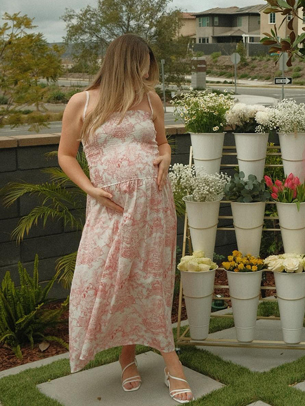 Mumsmode Zwangerchaps Midi BabyShower Jurk Schattig Bloemenprint Spaghetti Gekreukt Roze