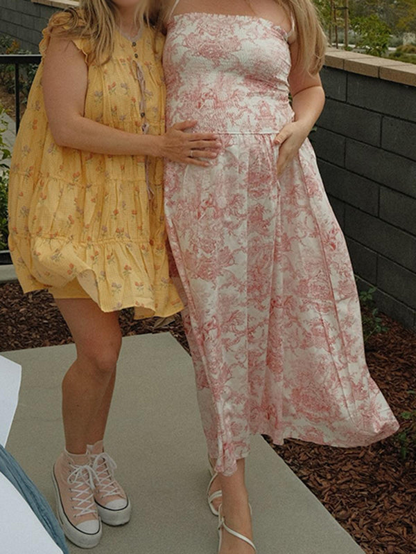 Mumsmode Zwangerchaps Midi BabyShower Jurk Schattig Bloemenprint Spaghetti Gekreukt Roze