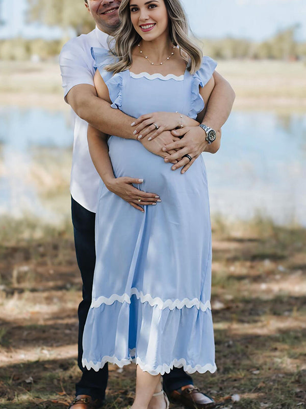 Mumsmode Zwangerchaps Midi Fotoshoot Jurk Elegant Ruches Vierkante Hals Lichtblauw