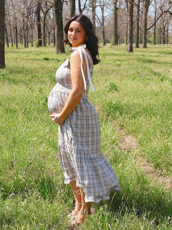 Mumsmode Zwangerchaps Midi Casual Jurk Dagelijks Plaid Spaghetti Abrikoos
