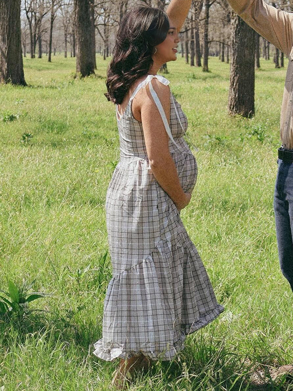 Mumsmode Zwangerchaps Midi Casual Jurk Dagelijks Plaid Spaghetti Abrikoos