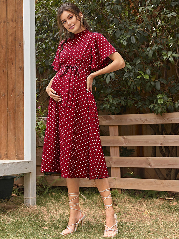 Mumsmode Zwangerchaps Midi Bloemen Jurk Dagelijks Stippenprint Koord Ronde Hals Bourgondië