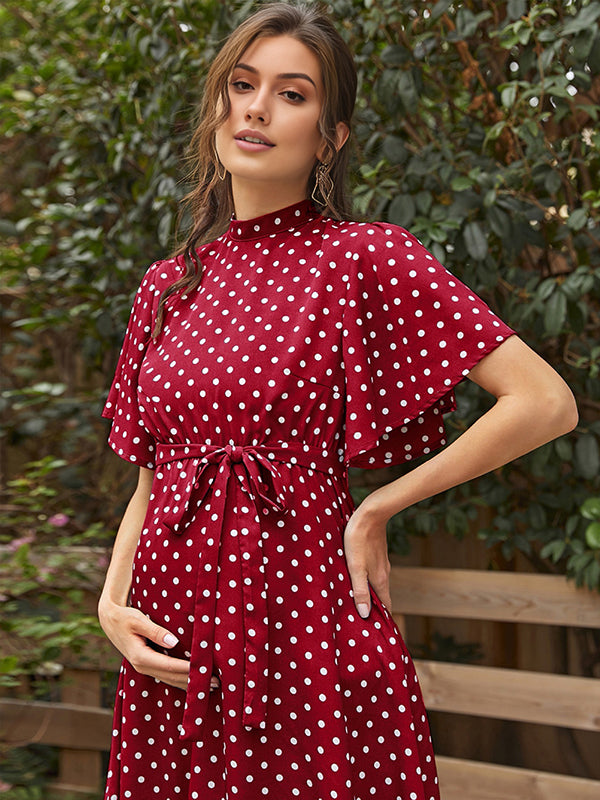 Mumsmode Zwangerchaps Midi Bloemen Jurk Dagelijks Stippenprint Koord Ronde Hals Bourgondië
