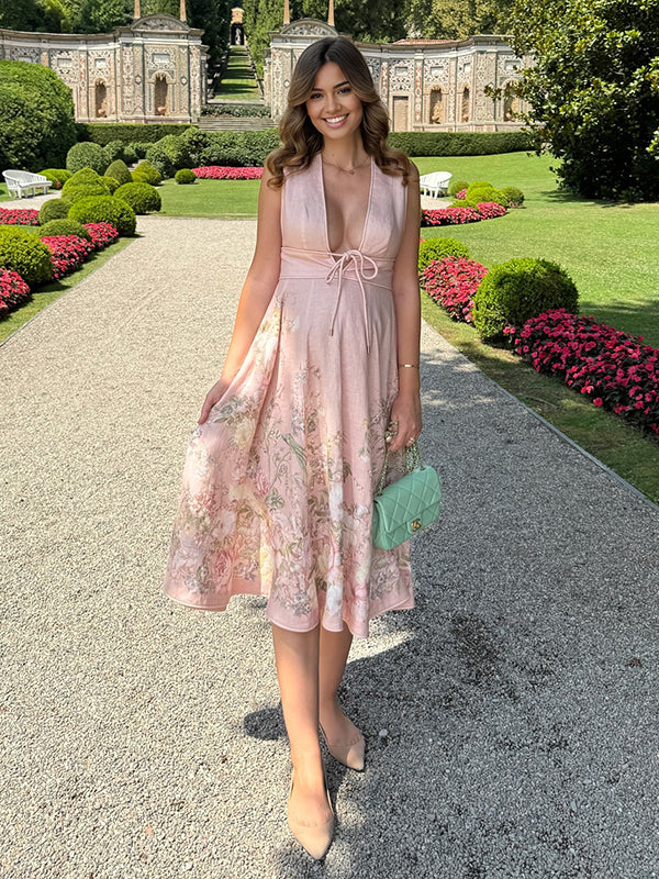 Mumsmode Zwangerchaps Midi Fotoshoot Jurk Elegant Bloemenprint Koord Diep decolleté Roze