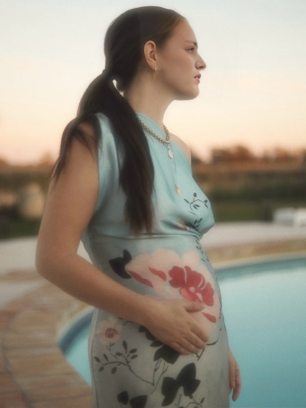 Mumsmode Zwangerchaps Midi Fotoshoot Jurk Bloemenprint Blauw