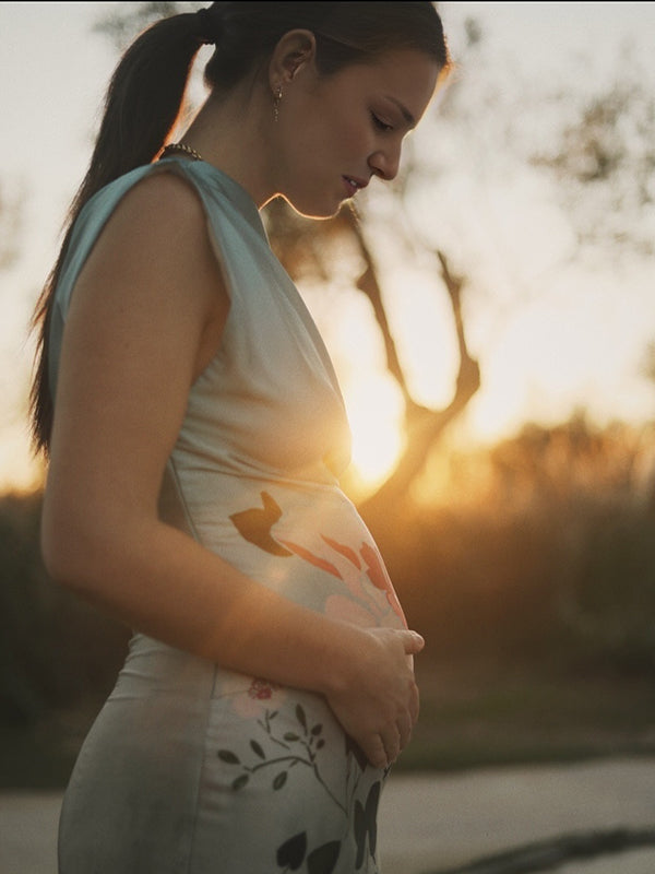 Mumsmode Zwangerchaps Midi Fotoshoot Jurk Bloemenprint Blauw