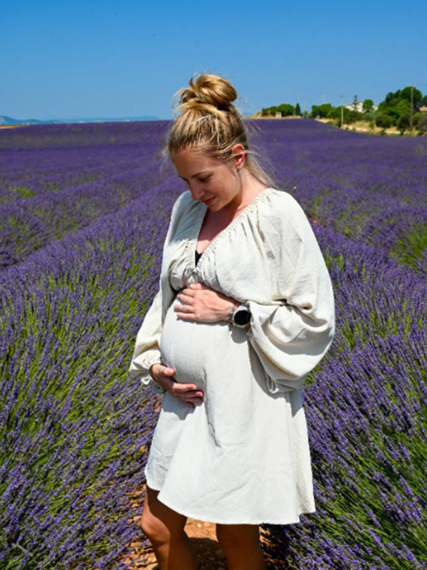 Mumsmode Zwangerchaps Midi Jurk Ruches Rugloos Gekreukt Mode Abrikoos