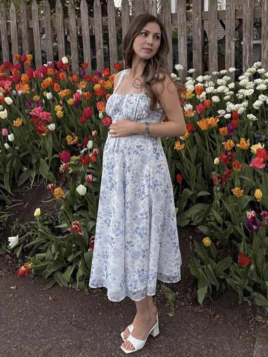 Mumsmode Zwangerchaps Midijurk Bloemenprint Spaghetti Gekreukt schat meisje Blauw
