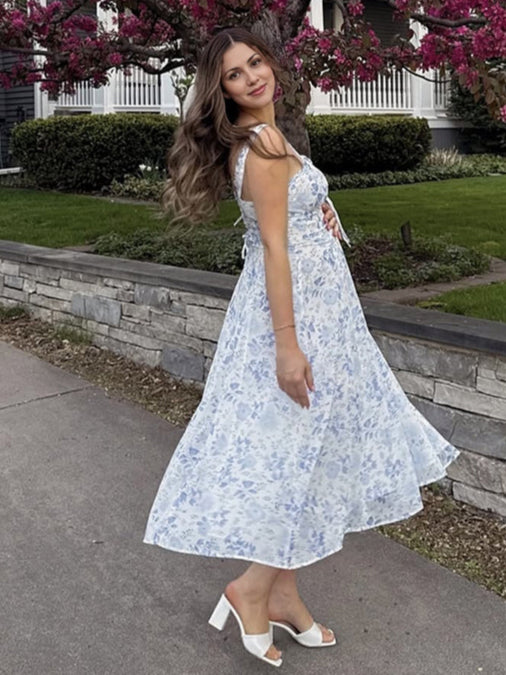Mumsmode Zwangerchaps Midijurk Bloemenprint Spaghetti Gekreukt schat meisje Blauw