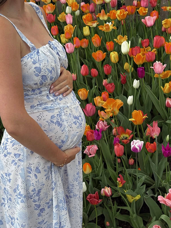 Mumsmode Zwangerchaps Midijurk Bloemenprint Spaghetti Gekreukt schat meisje Blauw