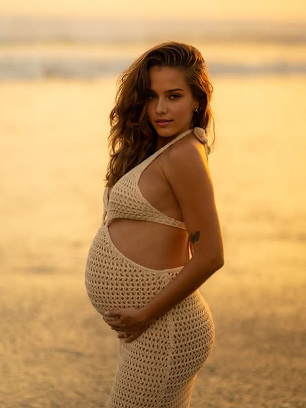 Mumsmode Zwangerchaps Midijurk Rugloos Zijsplit Middenrif Fotoshoot Abrikoos