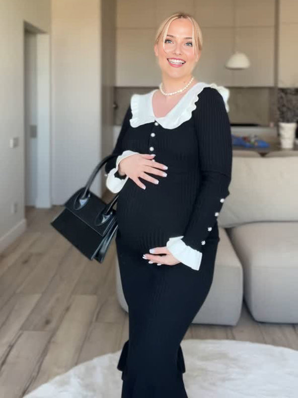 Mumsmode Zwangerschaps Midi Jurk Vintage Rugloos Bodycon Enkele Borst Kleurblok Zwart
