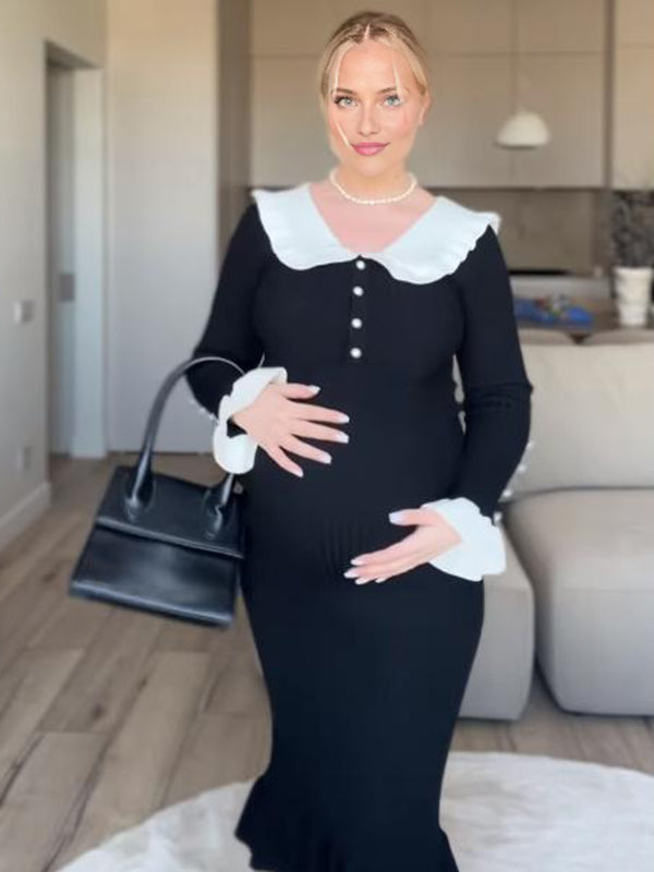 Mumsmode Zwangerschaps Midi Jurk Vintage Rugloos Bodycon Enkele Borst Kleurblok Zwart