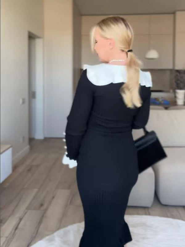 Mumsmode Zwangerschaps Midi Jurk Vintage Rugloos Bodycon Enkele Borst Kleurblok Zwart