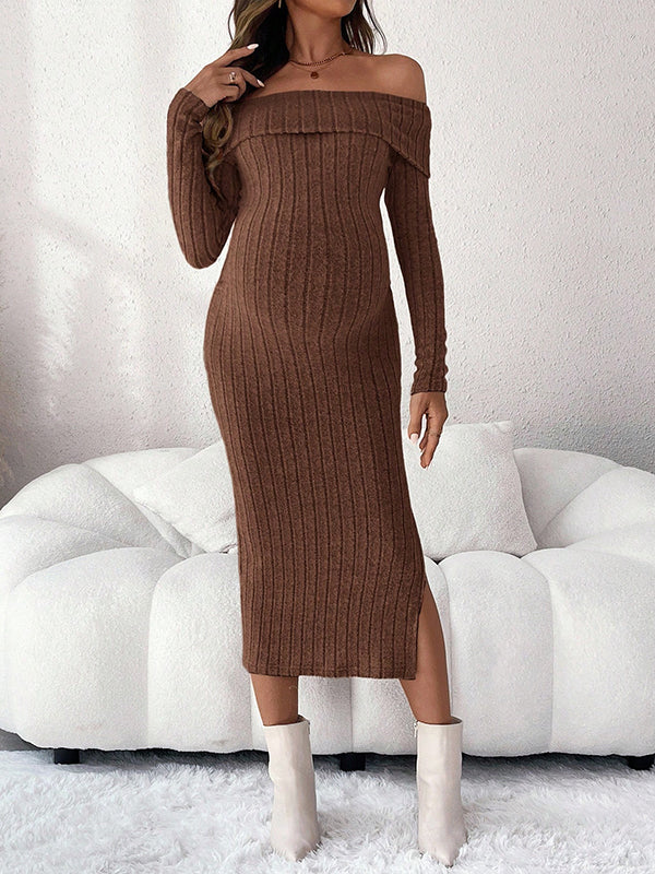 Mumsmode Zwangerschaps Midi Bodycon Jurk Ceremonie Dagelijks Gestreept Off Shoulder Zijsplit