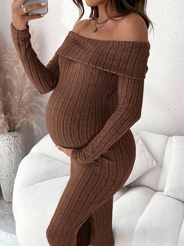 Mumsmode Zwangerschaps Midi Bodycon Jurk Ceremonie Dagelijks Gestreept Off Shoulder Zijsplit