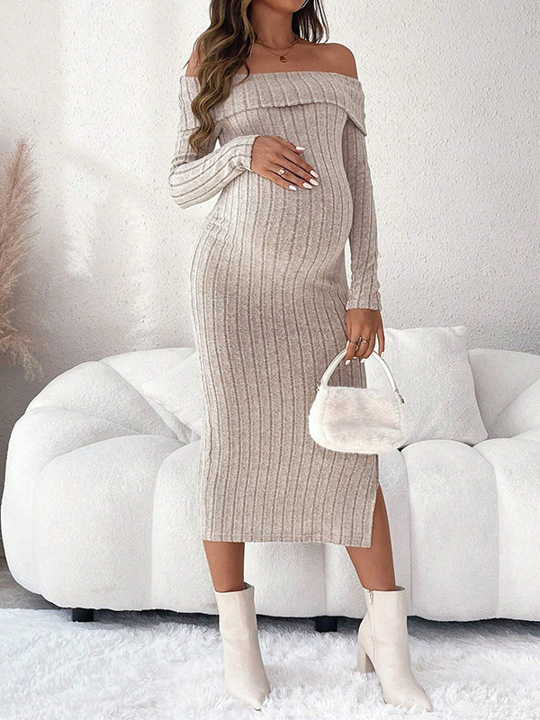 Mumsmode Zwangerschaps Midi Bodycon Jurk Ceremonie Dagelijks Gestreept Off Shoulder Zijsplit