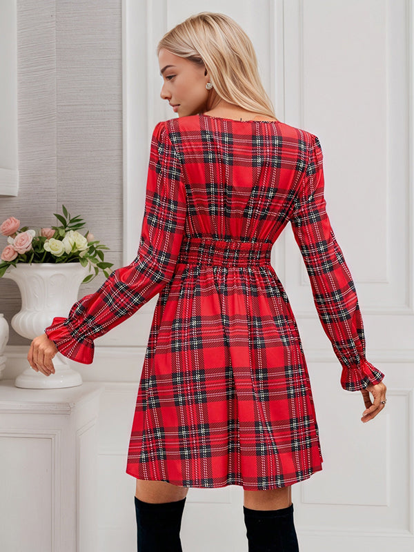 Mumsmode Zwangerschaps Midi Kerstmisjurk Chique Plaid Vlinderdas Ruches Trapeze