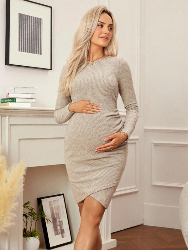 Mumsmode Zwangerschaps Midi Bodycon Jurk Chique Werk Onregelmatig Gekreukt