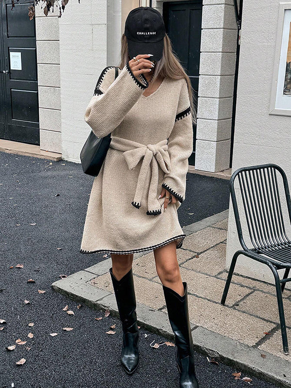 Mumsmode Zwangerschaps Midi Truien Jurk Chique Dagelijks Gebreide Riem Trapeze Overzicht