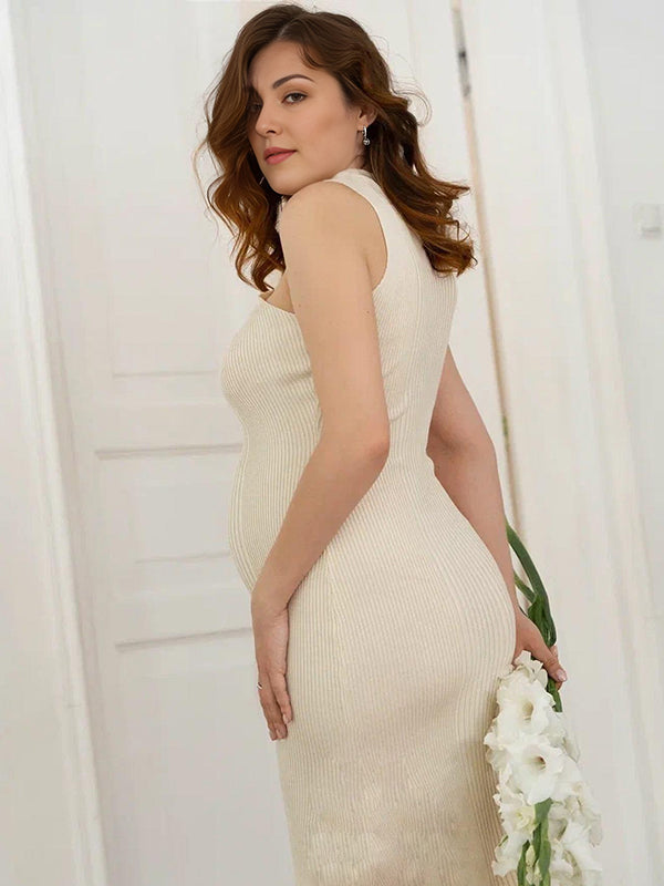 Mumsmode Zwangerchaps Korte Fotoshoot Jurken Elegant Breien Ronde Hals Mouwloos Beige