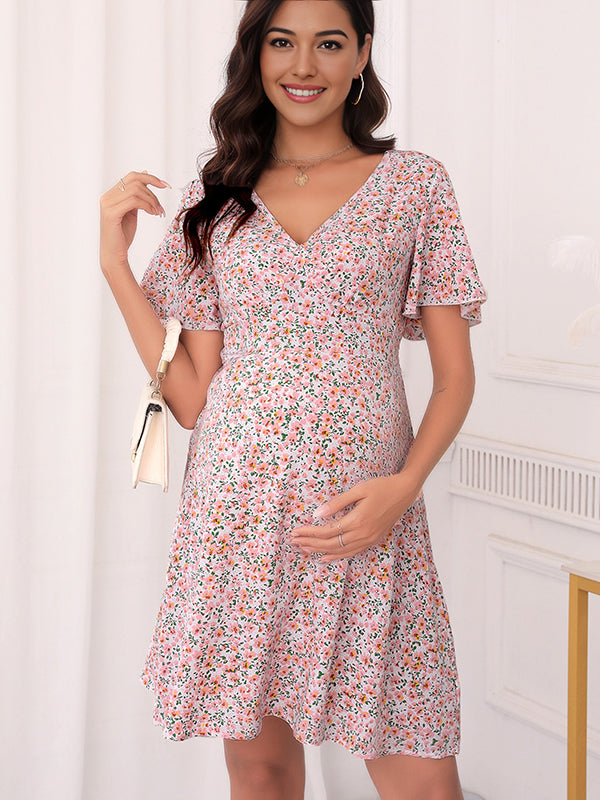 Mumsmode Zwangerchaps Korte Bloemen Jurk Dagelijks Ruches V-hals Roze