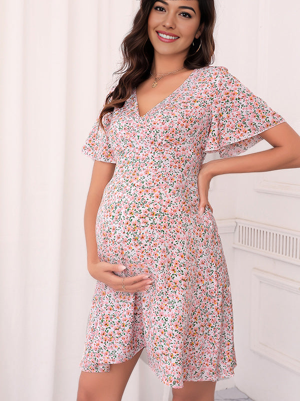 Mumsmode Zwangerchaps Korte Bloemen Jurk Dagelijks Ruches V-hals Roze