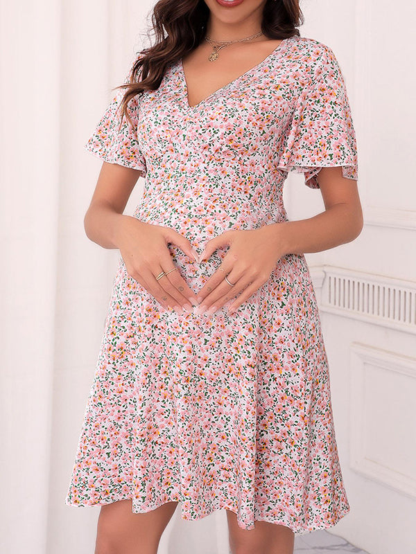Mumsmode Zwangerchaps Korte Bloemen Jurk Dagelijks Ruches V-hals Roze