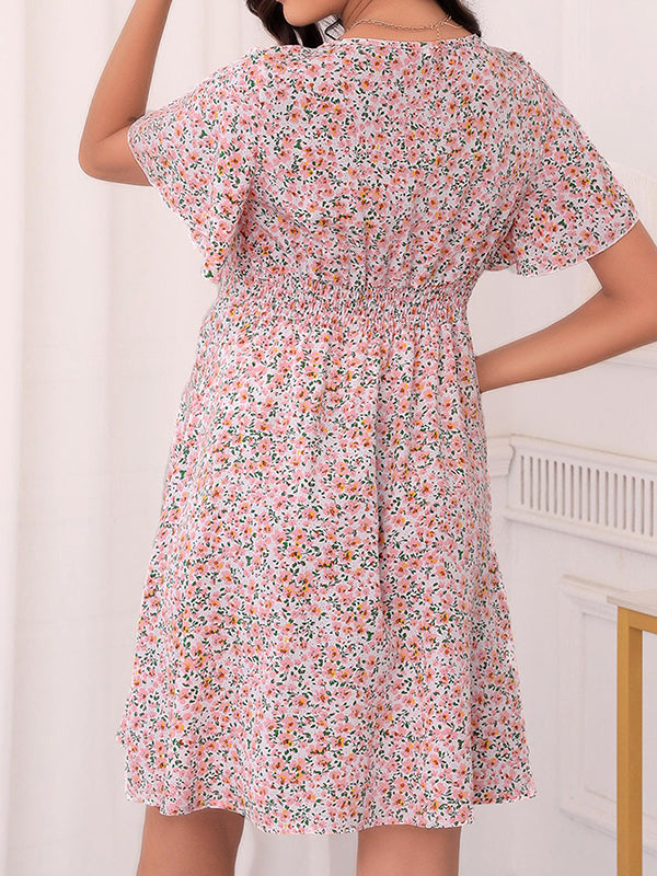 Mumsmode Zwangerchaps Korte Bloemen Jurk Dagelijks Ruches V-hals Roze