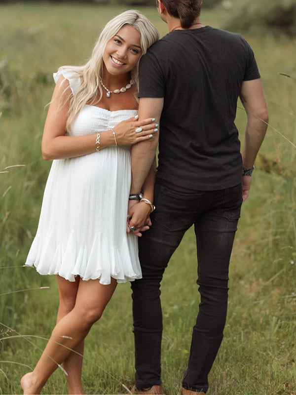 Mumsmode Zwangerchaps Korte Fotoshoot Jurk Elegant Ruches Boot Nek Wit