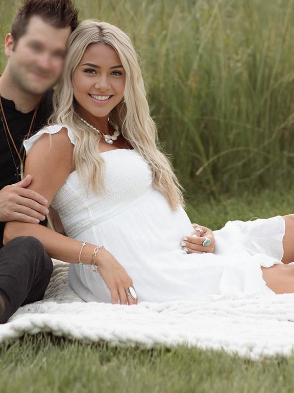 Mumsmode Zwangerchaps Korte Fotoshoot Jurk Elegant Ruches Boot Nek Wit